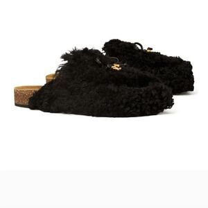 Tory Burch Charm Mammouth Shearling  Mules Shoes Perfect Black Size 6